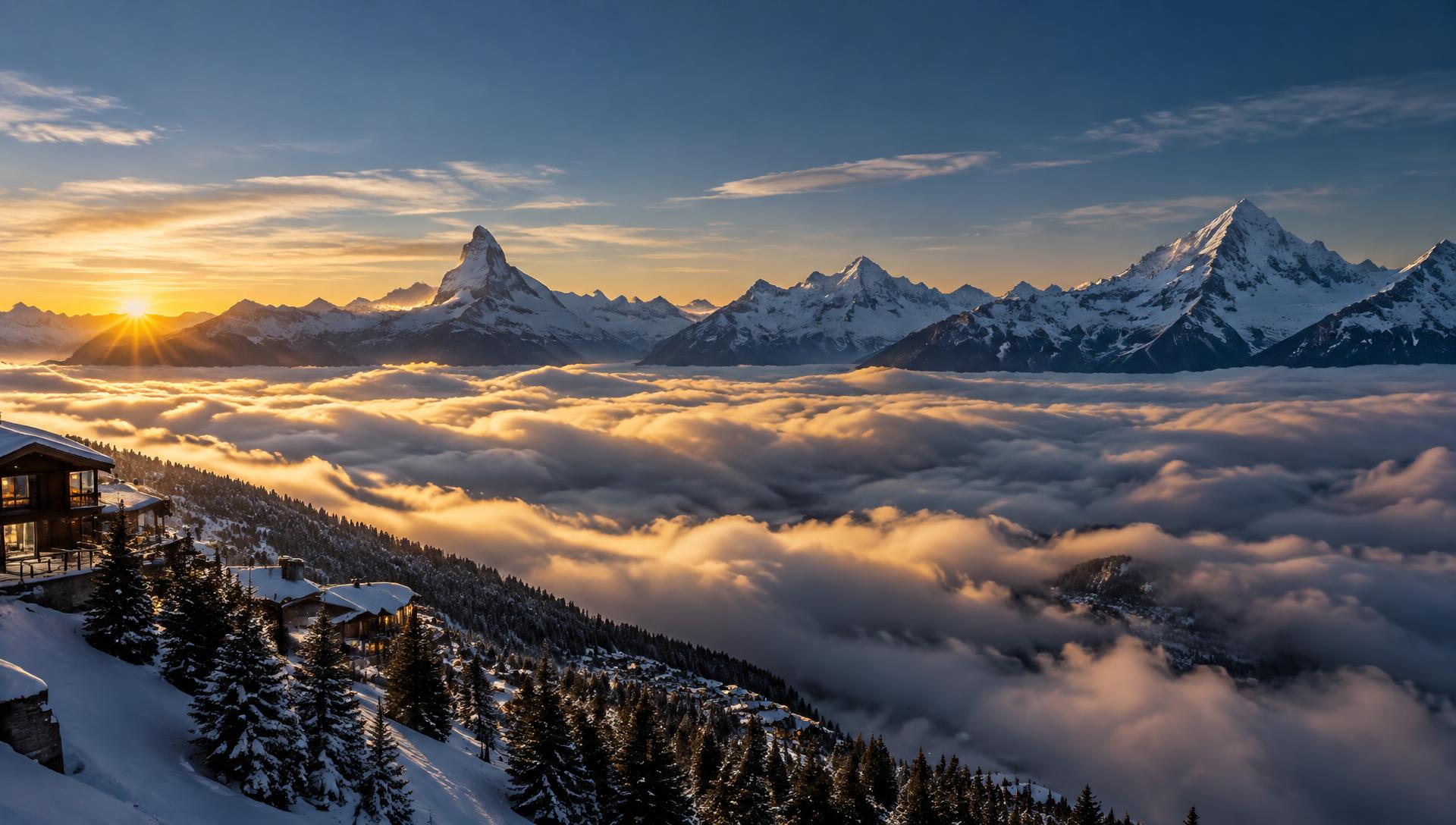 Alpine peaks and the Matterhorn rising above a sea of clouds